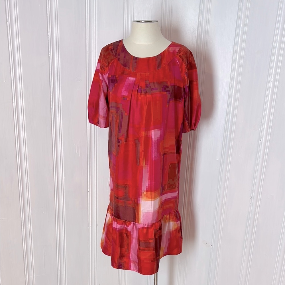 PLANET Geometric Silk Dress – Minecraft-Inspired Pattern